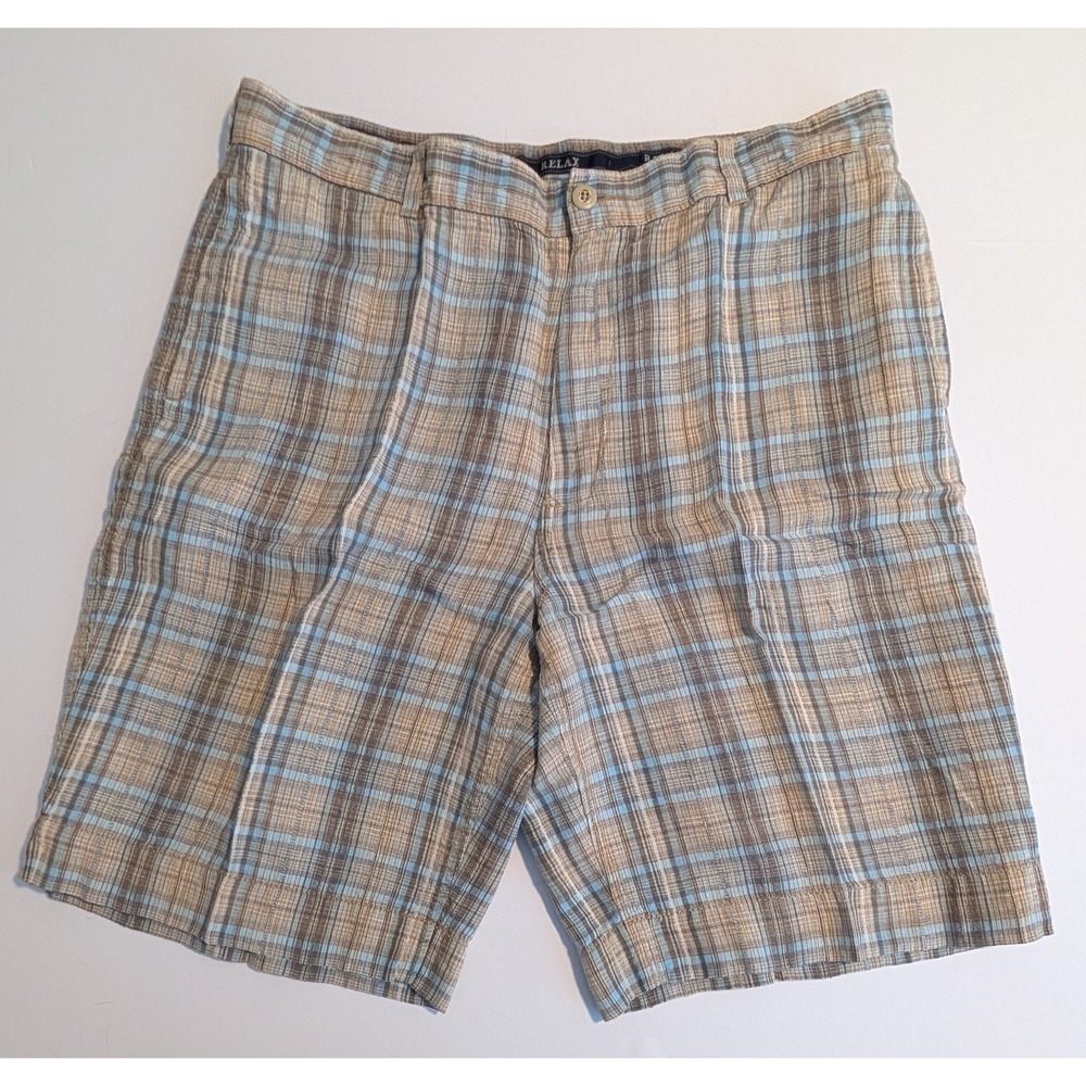 Tommy Bahama Relax Mens 38 Plaid Linen Shorts Blue Brown Tropical Summer Casual